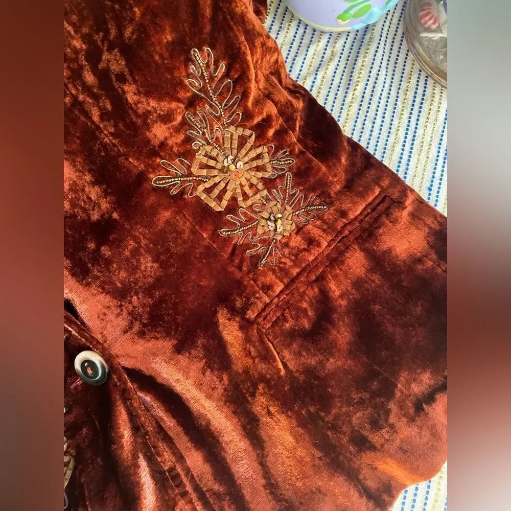 Coldwater Creek Rust Velvet Blazer with Floral Embroidery Boho Sz LP